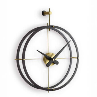 Distinguished Nomon Dos Puntos wall clock with polished steel rings and delicate gold-toned metal rods exhibiting a balanced form