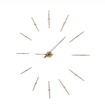 Elegant Nomon Merlín wall clock crafted with wood and metal in a smooth satin gold finish with floating time markers