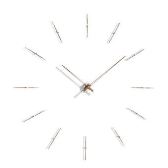 Superior Nomon Merlín wall clock with twelve unique time markers in balanced wood and metal with a satin finish