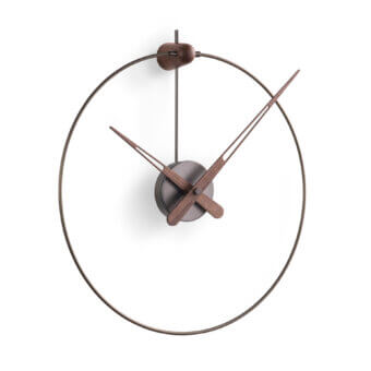 Distinguished Nomon Micro Anda wall clock with an ultra-slim metallic frame and contrasting walnut wood center and muted finish