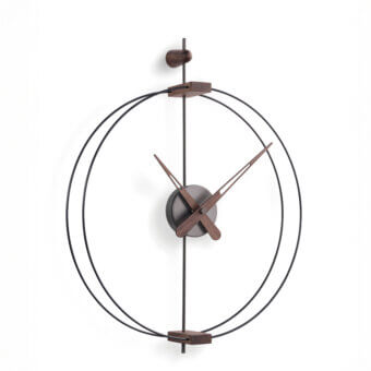Elegant Nomon Micro Barcelona wall clock with a black fiberglass double ring framing walnut elements and fine metal details in a satin finish