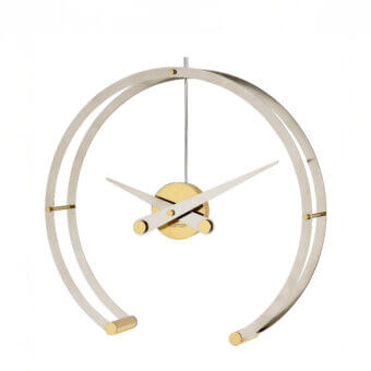 Avant-garde Nomon Omega table clock with large steel rings and slender connecting rods in muted silver-grey with gold accents