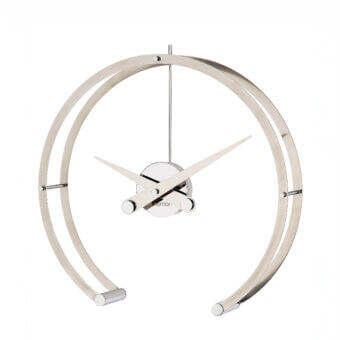 Distinguished Nomon Omega table clock with connected steel rings and satin light-toned alloy finish