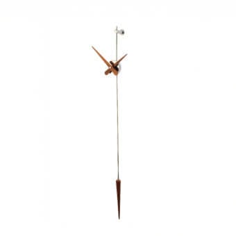 Distinguished Nomon Punto y Coma clock crafted in medium-brown wood with a satin metal rod and conical pendulum weight