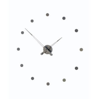 Elegant Nomon Rodón wall clock with a white face and dark gray circular hour markers crafted in slender metallic hands