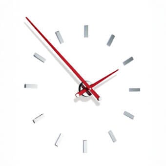 Exceptional Nomon Tacón wall clock with elongated markers and slender metal hands in red and black with a satin finish