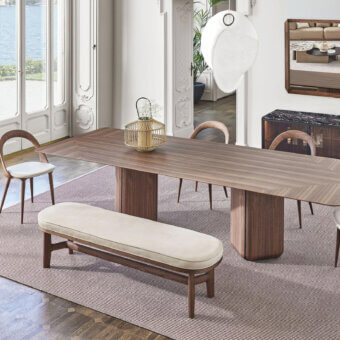 Superior Porada Bay rectangular table built with Canaletta walnut bases and greystained ash core with a satin sheen