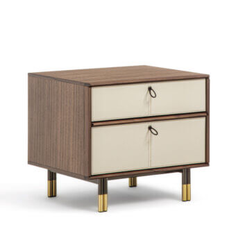 Refined Porada Bayus Night nightstand with solid Canaletta walnut edges and braided leather handles in a medium-toned brown finish