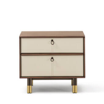 Meticulous Porada Bayus Night nightstand crafted with Canaletta walnut edges and off-white braided leather drawer fronts with a brushed brass base