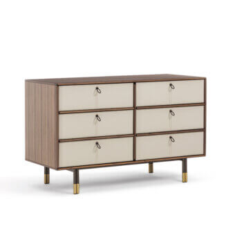 Refined Porada Bayus Night 6 dresser crafted from Canaletta walnut with satin finish and scoubidou leather handles