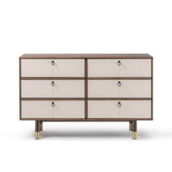 Distinguished Porada Bayus Night 6 dresser built with Canaletta walnut in satin finish and accented with scoubidou leather handles
