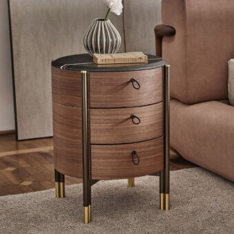 Distinguished Porada Bayus Tondo nightstand with rounded Canaletta walnut frame and dark brown scoubidou-effect leather handles in satin finish