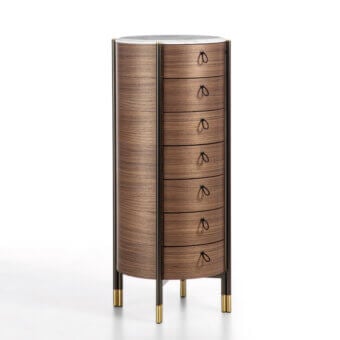 Exceptional Porada Bayus Tondo 7 dresser crafted from solid Canaletta walnut with satin finish and dark brown leather handles