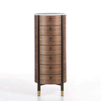 Distinguished Porada Bayus Tondo 7 dresser crafted from solid Canaletta walnut with a satin finish and dark brown leather handles in marble