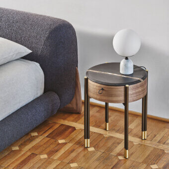 Exceptional Porada Bayus Tondo 44 nightstand built in Canaletto walnut with dark marble inlay and saddle leather handle