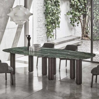 Distinguished Porada Berry table with vibrant green marble and uniquely fluted dark matte wooden legs