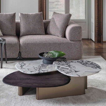 Captivating Porada Callisto Mix coffee table with dark wood and Dover White marble tops in Bronzoro-lacquered finish