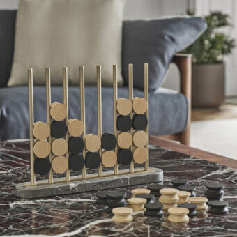 Distinguished Porada Chiaroscuro board game crafted with natural and stained ash playing pieces, a marble and anodized aluminum frame