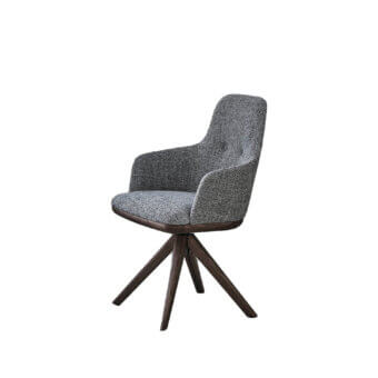 Elegant Porada Connie swiveling chair with gently curved ergonomic form and dark satin-finish solid wood base upholstered in textured gray textile