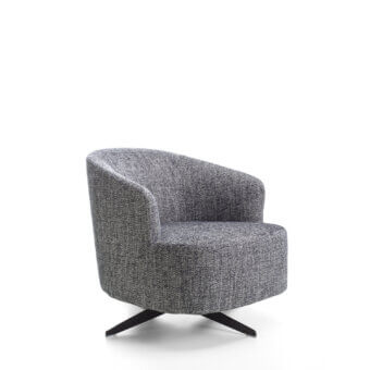 Distinguished Porada Copine swiveling armchair with soft lines and muted gray textured textile upholstery with a satin wooden base