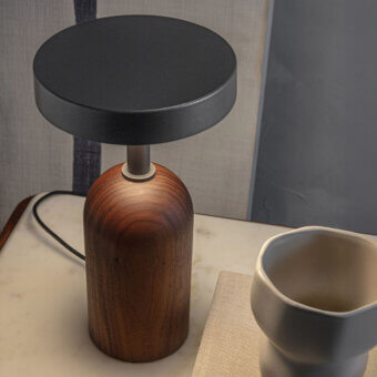 Superior Porada Ekero Fix table lamp in Canaletto walnut with a pewter-grey metal stem and matte methacrylate diffuser crafted with a smooth finish