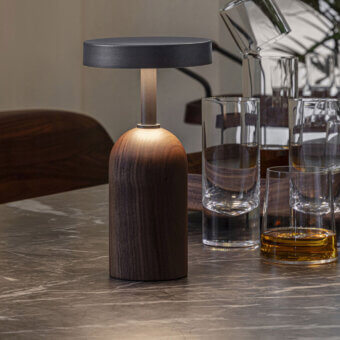 Elegant Porada Ekero Move lamp in Canaletto walnut and pewter-grey metal with a warm diffused glow and wireless function