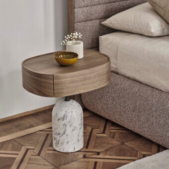 Elegant Porada Ekero nightstand built in white Carrara marble, grey pewter metal, and walnut finished wood