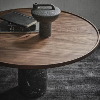 Exceptional Porada Ekero XL coffee table with solid Canaletto walnut top and subtly embossed finish, built upon a white Carrara marble cylindrical base