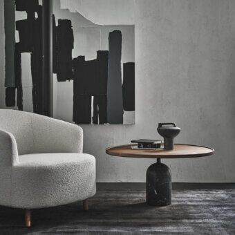 Superior Porada Ekero XL coffee table with round Canaletto walnut top and cylindrical grey Carnico marble base crafted in Italy