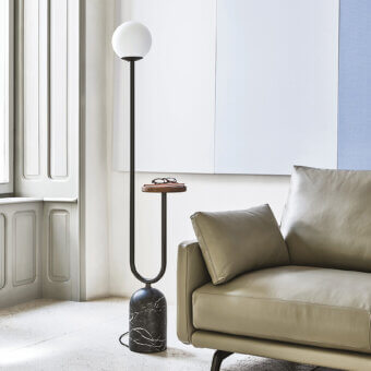Distinguished Porada Ekero Totem floor lamp with white Carrara marble base and white opal glass diffuser in dark gray matte finish