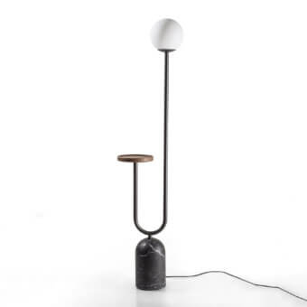 Superior Porada Ekero Totem floor lamp with white Carrara marble base and white opal glass diffuser built with a dark gray metal frame