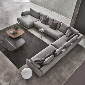 Superior Porada Étienne sofa with pewter grey metal base and neutral gray Memory Foam Microflock polyester upholstery