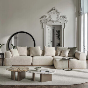 Distinguished Porada Klem sectional crafted with canaletto walnut and textured light beige fabric upholstery
