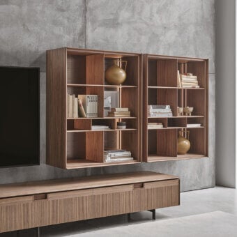 Elegant Matics shelving media console crafted in wood with a satin finish and warm medium-brown tone