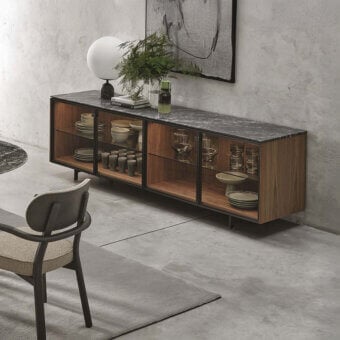 Distinguished Porada Matics 4 sideboard with warm wood doors, pewter metal base and dark polished stone top