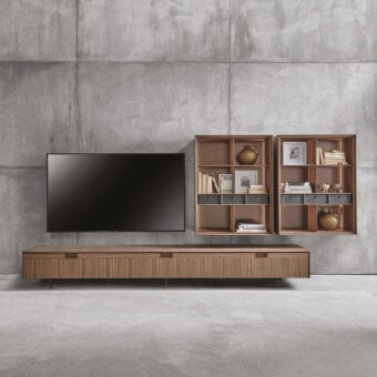 Exceptional Porada Matics TV cabinet crafted with Canaletta walnut in warm brown tones and a satin finish, supported by a pewter base