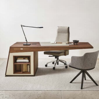 Exceptional Porada Midì desk crafted in Canaletto walnut with Cuoietto insert and satin finish