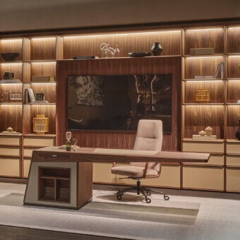 Lavish Porada Midì desk crafted in Canaletto walnut with Cuoietto leather insert and satin finish