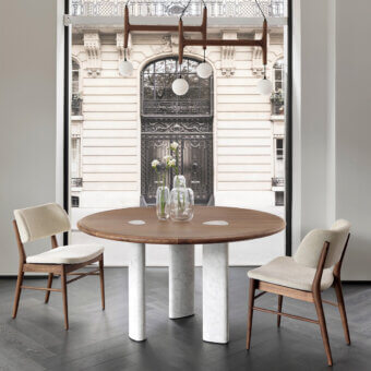 Elegant Porada Osmose table crafted in canaletto walnut with a satin finish and light-colored marble pedestal base