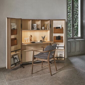 Distinctive Porada Savio writing desk crafted with Canaletta walnut and natural maple in a warm satin finish