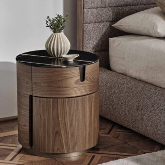 Elegant Porada Tylsa Night nightstand in curved wengé ash wood with dark marble and Bronzoro-finished metal base