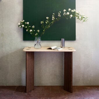 Elegant Potocco E Claire console crafted in ash wood and pale beige marble with a satin finish