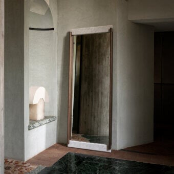 Distinguished Potocco E Claire mirror crafted in ash wood with polished gray and white veined marble and satin brownish-bronze metal finish