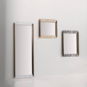 Exceptional Potocco E Claire mirror uniting ash wood with grey-and-white veined marble in a satin finish