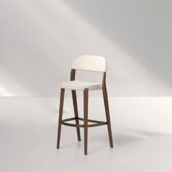 Superior Potocco Minima stool built with light textile and satin gold footrest, showcasing tapered solid ash wood legs