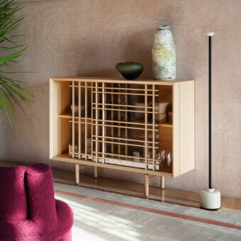 Exceptional Potocco Sen cupboard crafted in Italy with solid ash grilles on glass, a satin finish highlighting natural wood grain