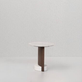 Distinguished Potocco Syn side table with round light marble tabletop and uniquely sculpted intersecting wood base crafted with satin finish