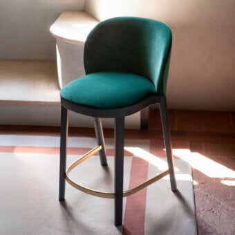 Distinguished Potocco Trousse stool crafted with solid ash wood and deep teal velvet upholstery with satin gold accents and a dark satin finish
