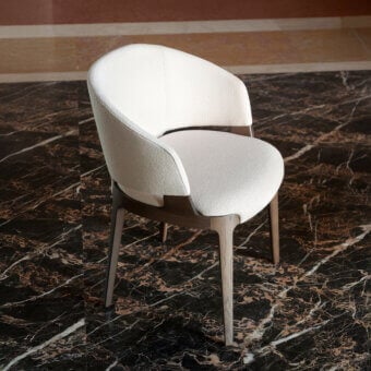 Superior Potocco Velis Hug armchair upholstered in creamy textured textile with a satin wood frame