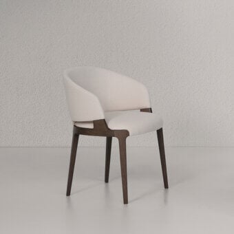Elegant Potocco Velis Hug armchair upholstered in textured light beige textile with a satin-finish wood frame